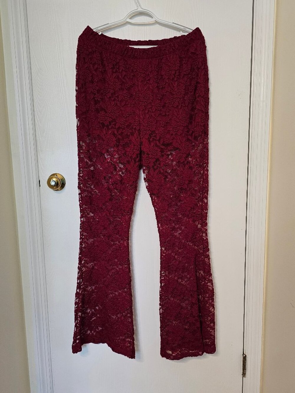 Lovesick dark red floral lace festival flare pants (Torrid sister brand)